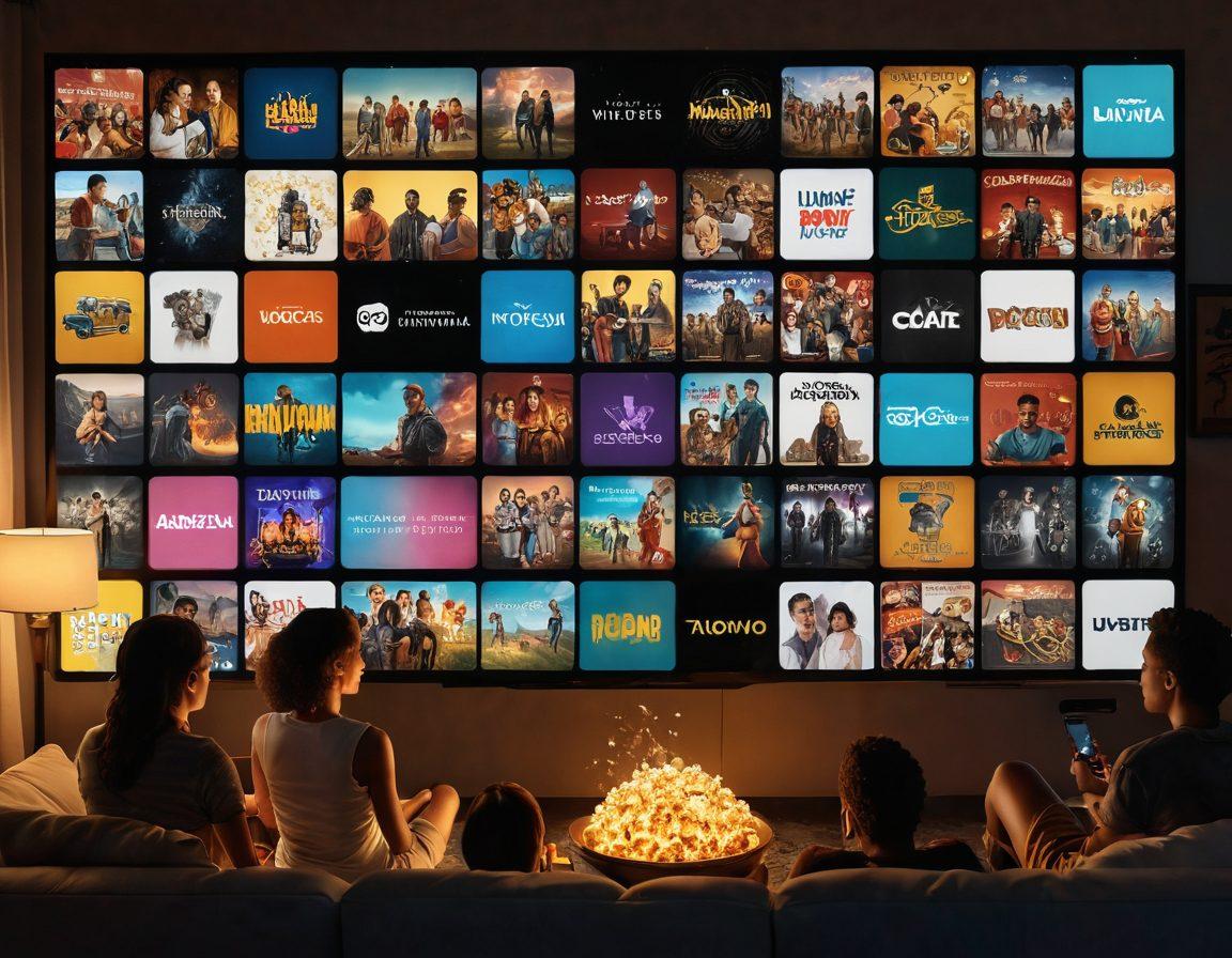 A collage of diverse streaming platforms showcasing various genres like movies, music, and e-sports, with a glowing digital screen in the center illuminating a cozy living room setting. Include a diverse group of people enjoying the content, surrounded by popcorn, drinks, and smart devices, with streaming symbols and musical notes artistsically integrated into the background. vibrant colors. super-realistic. cozy atmosphere.