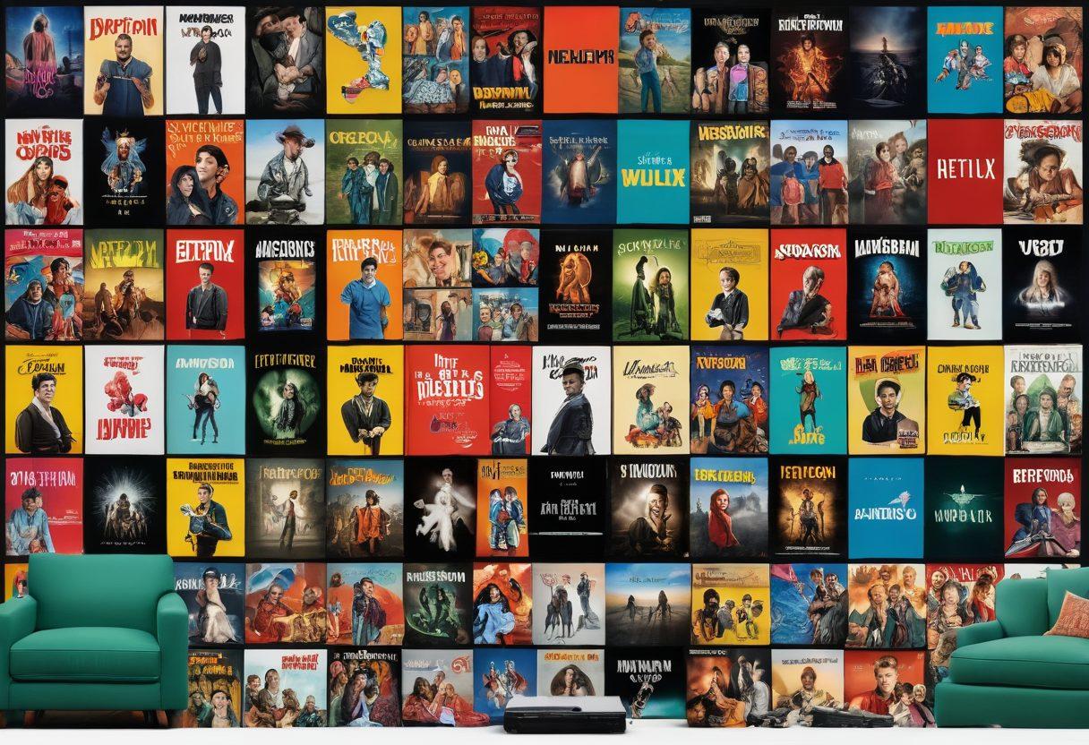 A vibrant collage showcasing various streaming platforms like Netflix, Hulu, and Amazon Prime, blending iconic movie posters and web series characters. Include elements like popcorn, a remote control, and a cozy living room setting, emphasizing the transition from traditional cinema to digital streaming. The scene should feel dynamic and engaging, inviting viewers into the world of video entertainment. vibrant colors. modern vector art.