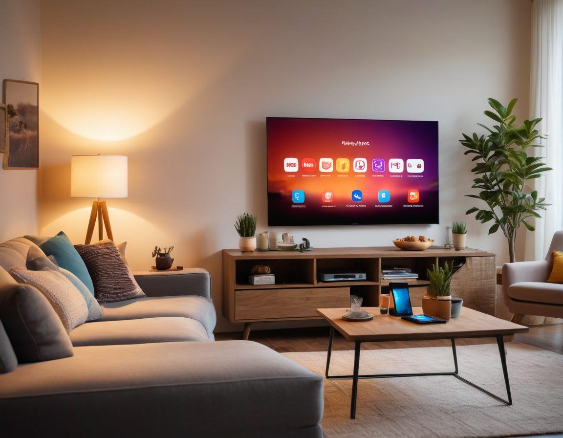 A cozy living room setup featuring diverse individuals enjoying on-demand videos and live streaming on various devices like a Smart TV, tablet, and smartphone. Soft lighting casts a warm glow, while snacks and drinks surround them, enhancing the relaxing atmosphere. Include elements like a comfy couch, headphones, and streaming icons subtly integrated into the background. super-realistic. vibrant colors. inviting atmosphere.